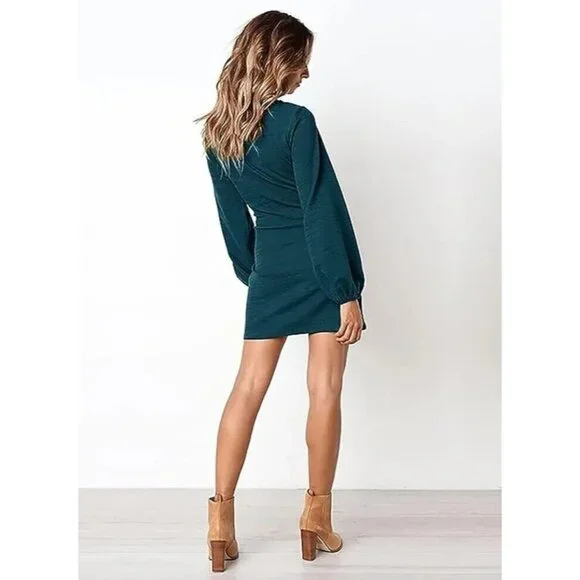 PRETTYGARDEN Womens L Elegant Long Lantern Sleeve Short Dress Crewneck Tie Waist - Picture 3 of 6